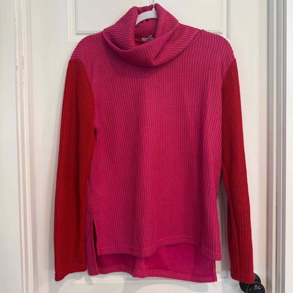 TCEC Pink Red Colorblock Turtleneck Sweater Size Large Chunky Knit